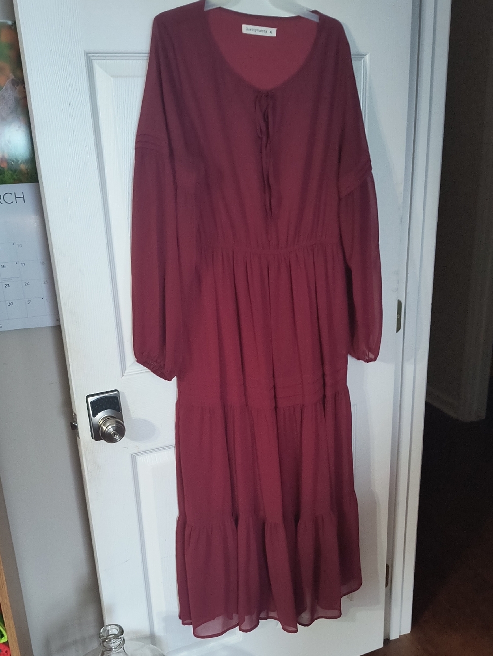 Rusttydustty Boutique Burgundy Tiered Maxi Dress with Tie Neck